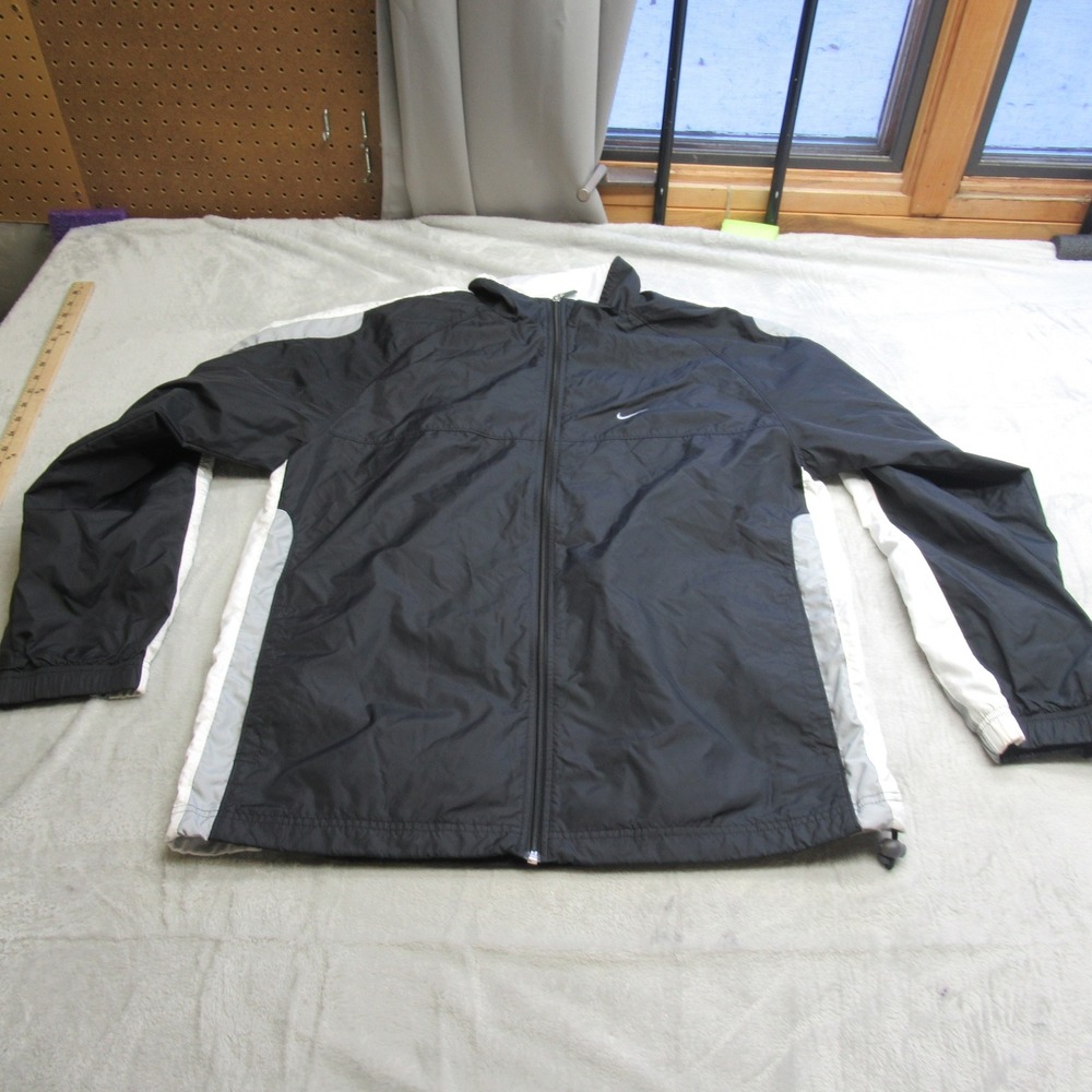 Nike Jacket Mens Large Black Lightweight Hood Full Zip Rain Windbreaker VTG 90s